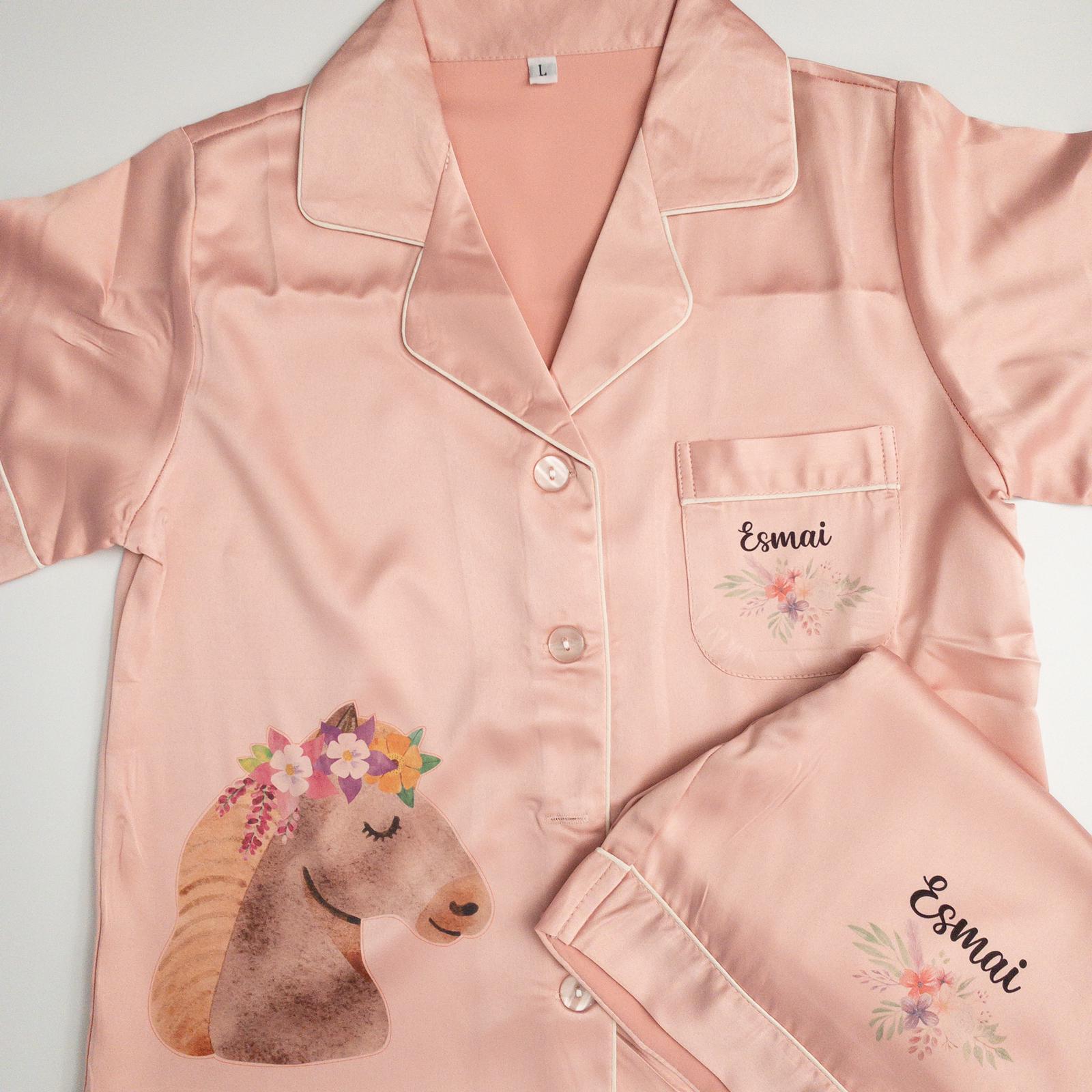 Pink Luxury Personalised Satin Pyjamas Horse Design