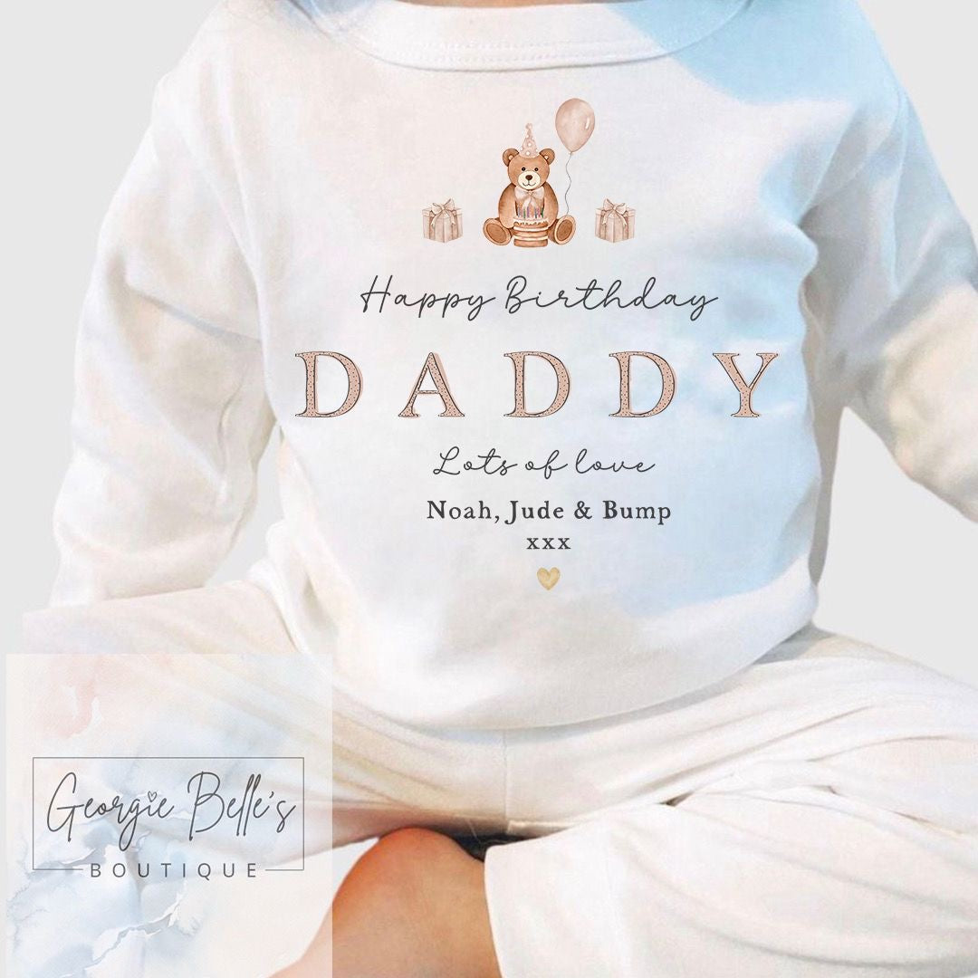 Personalised Birthday Pyjamas -  Daddy’s Birthday White Birthday Bear Design