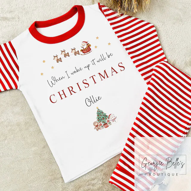 Personalised Family Matching Red & White Stripe Christmas Pyjamas - 'When I wake up' Design