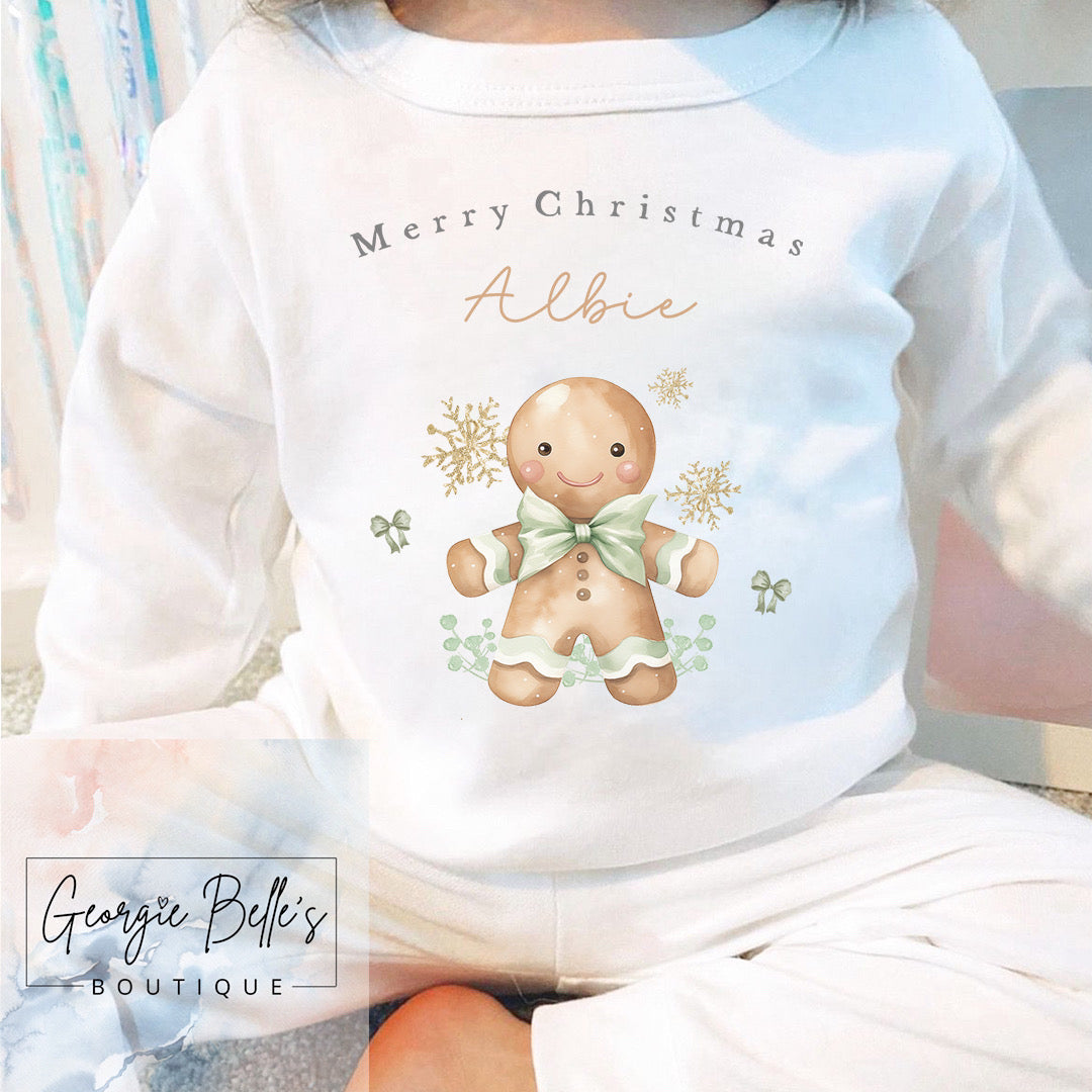 White Personalised Sibling Matching Christmas Pyjamas - Sage Gingerbread Design