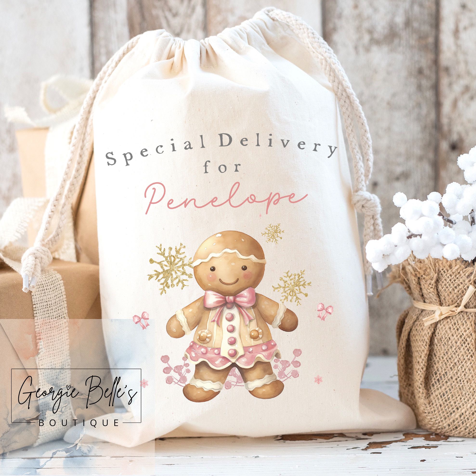 Luxury Premium Cotton Christmas Sack- Pink Gingerbread Design