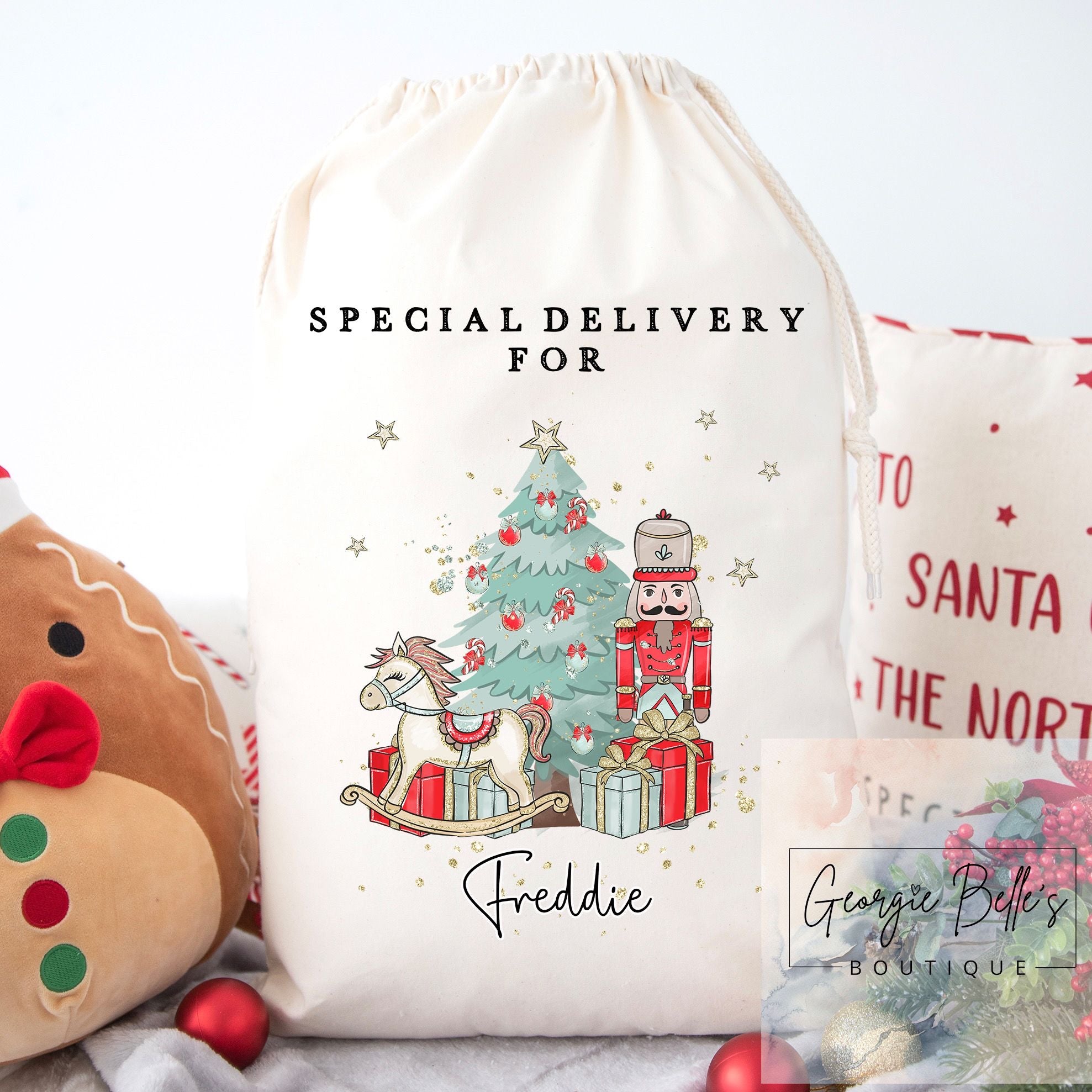 Luxury Personalised Premium Cotton Christmas Sack - Red Nutcracker Design