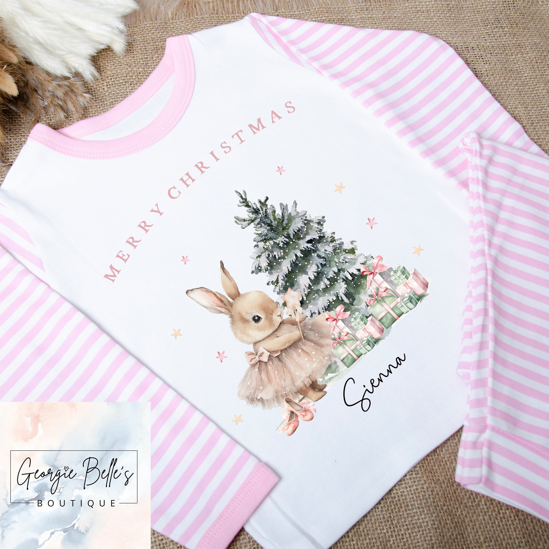 Pink & White Striped Personalised Sibling Matching Christmas Pyjamas - Bunny Design