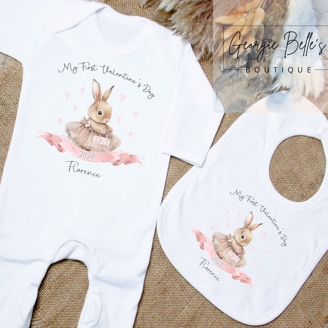 My 1st Valentines Day Vest / Babygrow - Pink Bunny