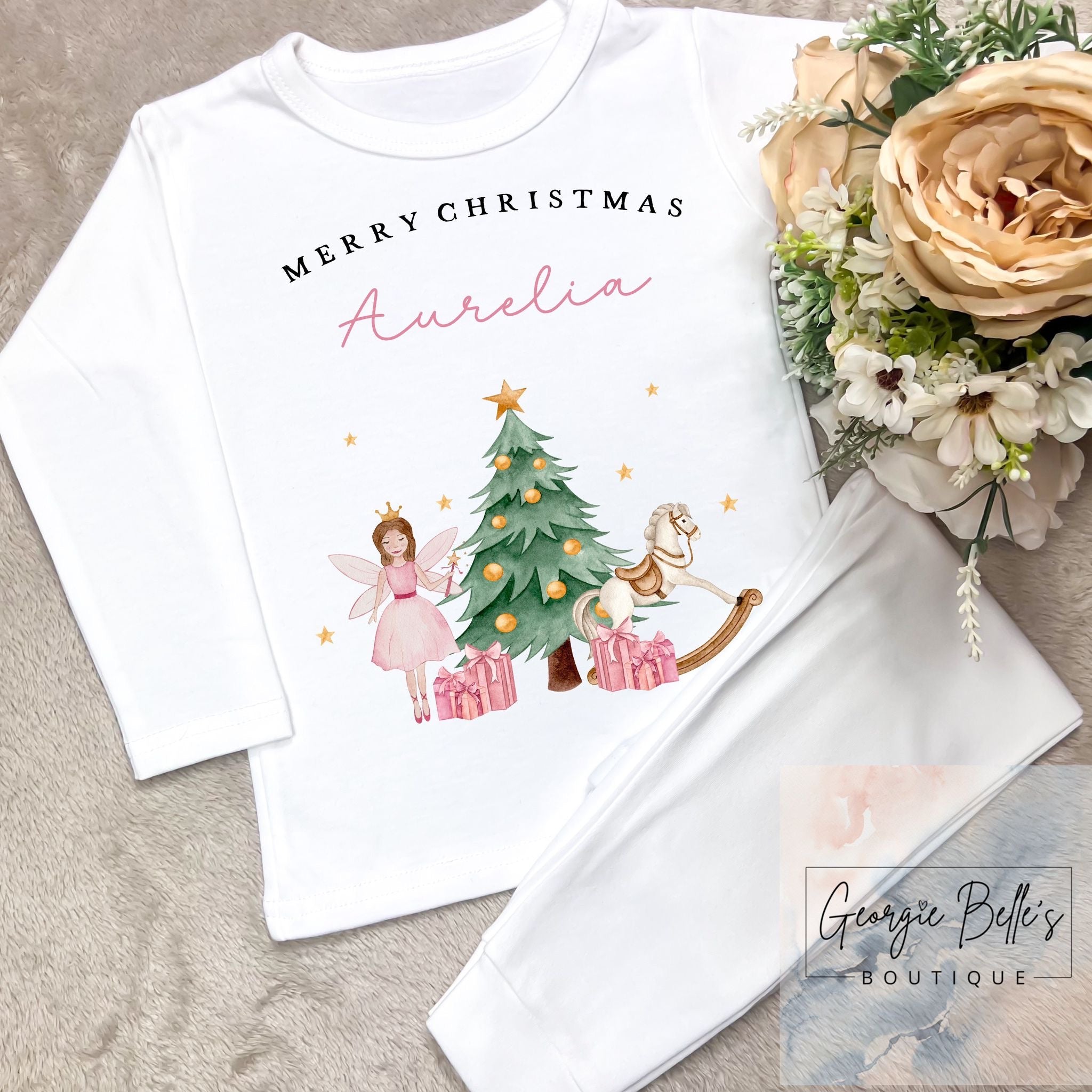 White Personalised Sibling Matching Christmas Pyjamas - Pink Nutcracker Design