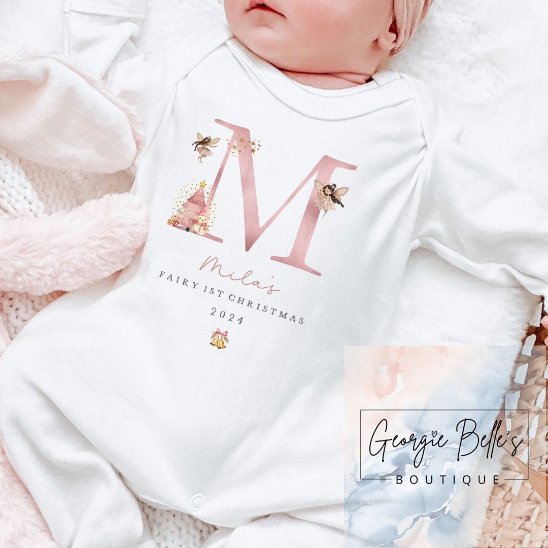 Personalised Fairy 1st Christmas Initial  Baby Vest / Babygrow - Fairy Initial Design