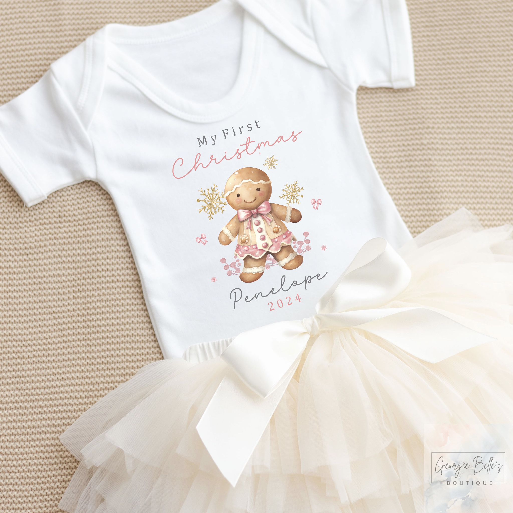 Personalised Christmas Luxury Cream Tutu Set with Vest - Pink Gingerbread Design