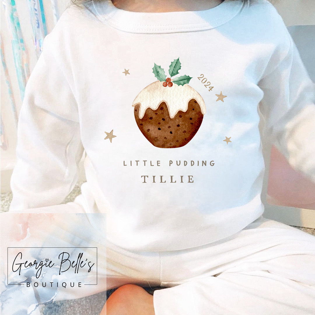 White Personalised Sibling Matching Christmas Pyjamas - Little Pudding Design