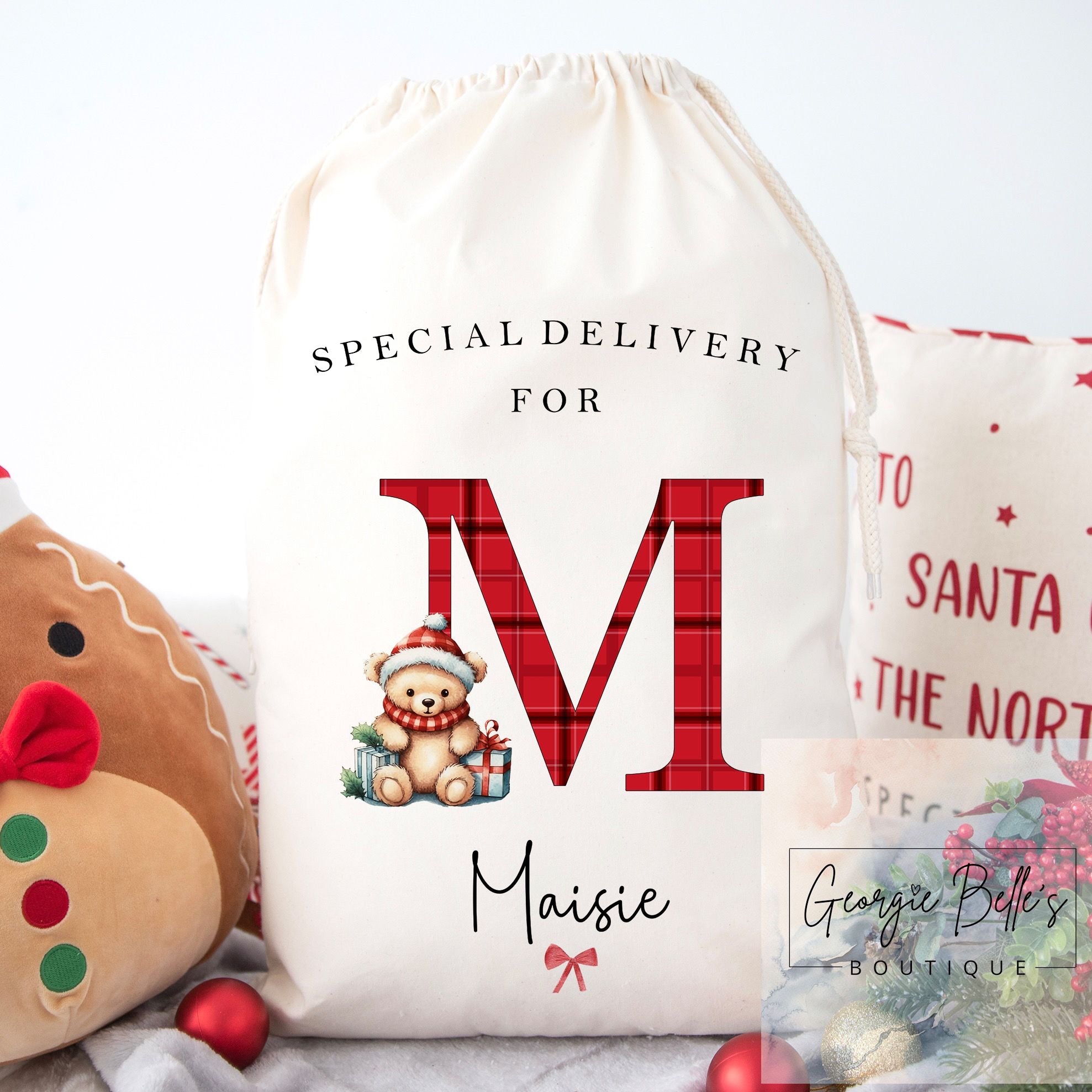 Luxury Personalised Premium Cotton Christmas Sack - Tartan Bear Initial Design