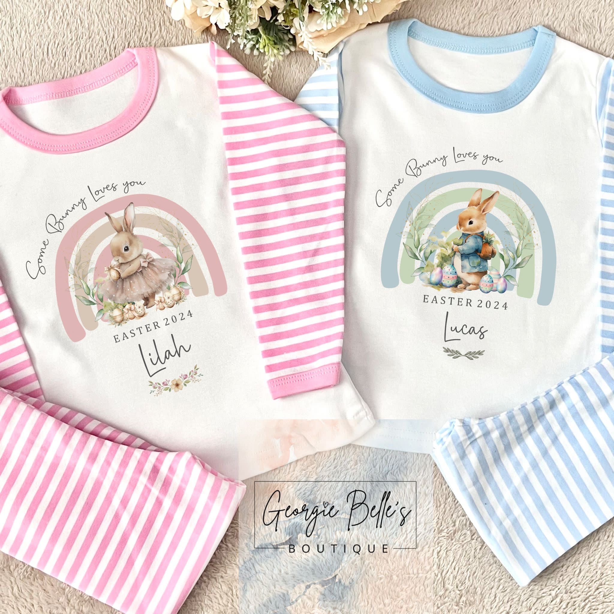 Personalised Easter Pyjamas - Some Bunny Blue Rainbow Design