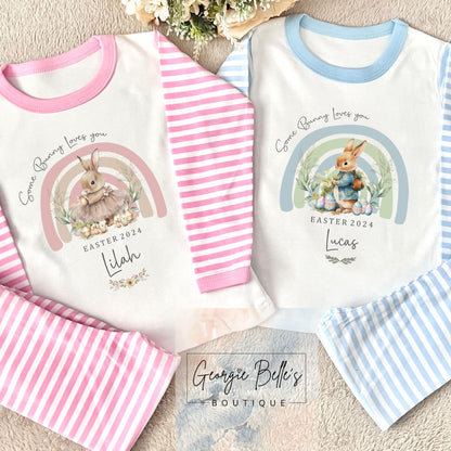 Personalised Easter Pyjamas - Some Bunny Blue Rainbow Design