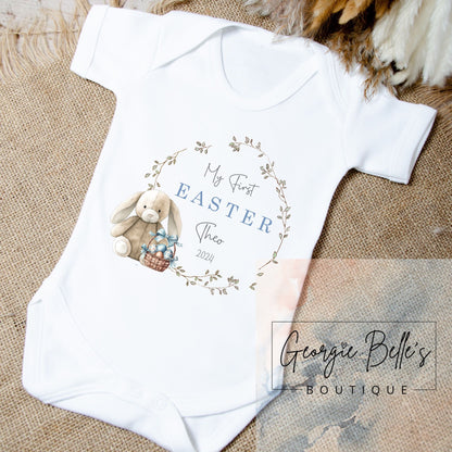 My 1st Easter Personalised Vest / Babygrow - Blue Bunny Wreath Design