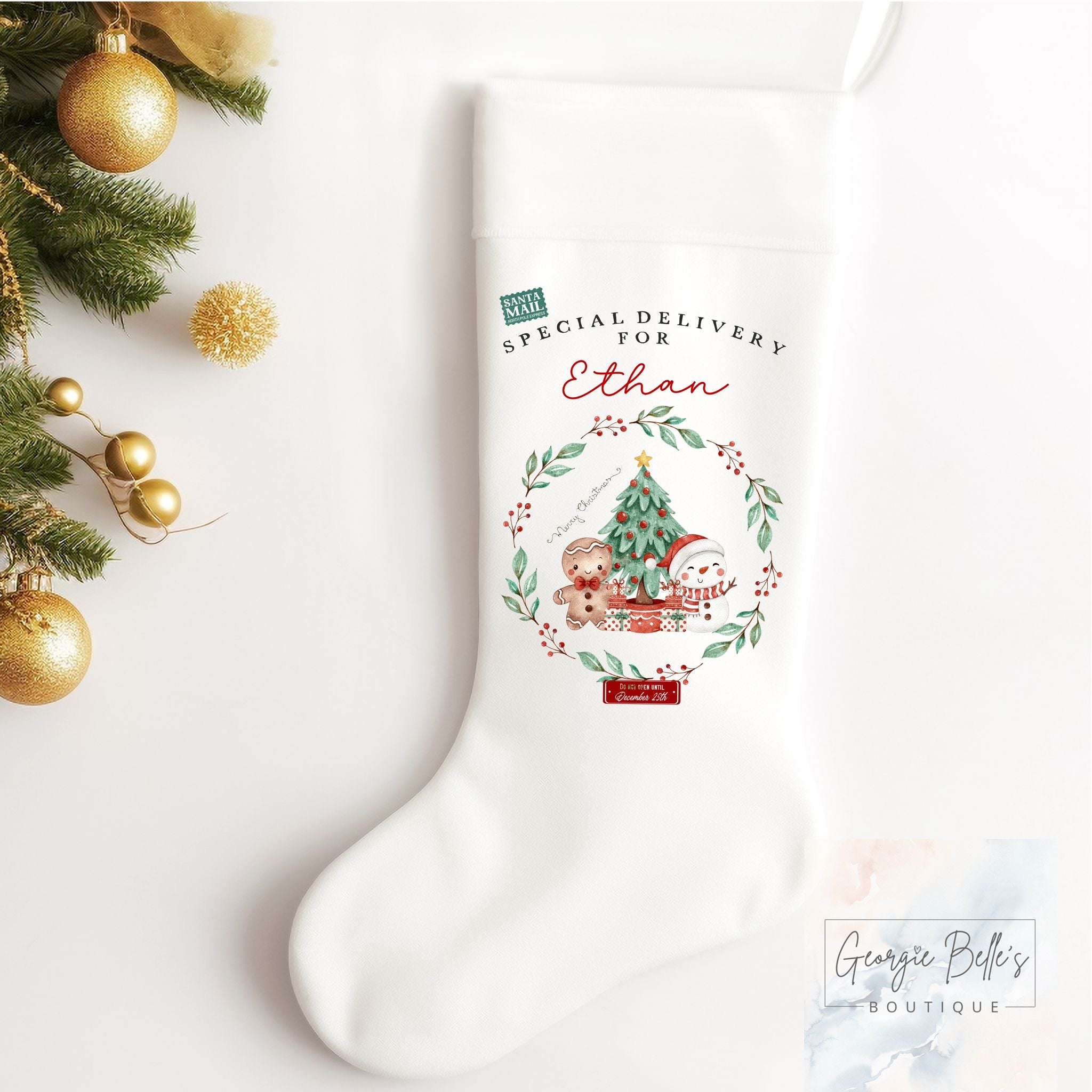 Personalised Christmas Luxury White Stocking - Special Delivery Wreath Design