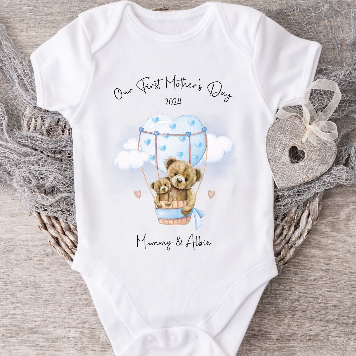 Mothers Day Personalised Vest / Babygrow - Blue Hot Air Balloon Design