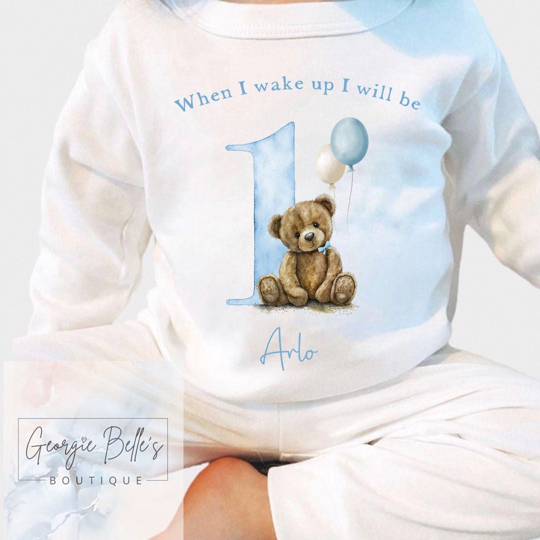 Personalised Birthday Pyjamas - When I wake up blue Bear Design