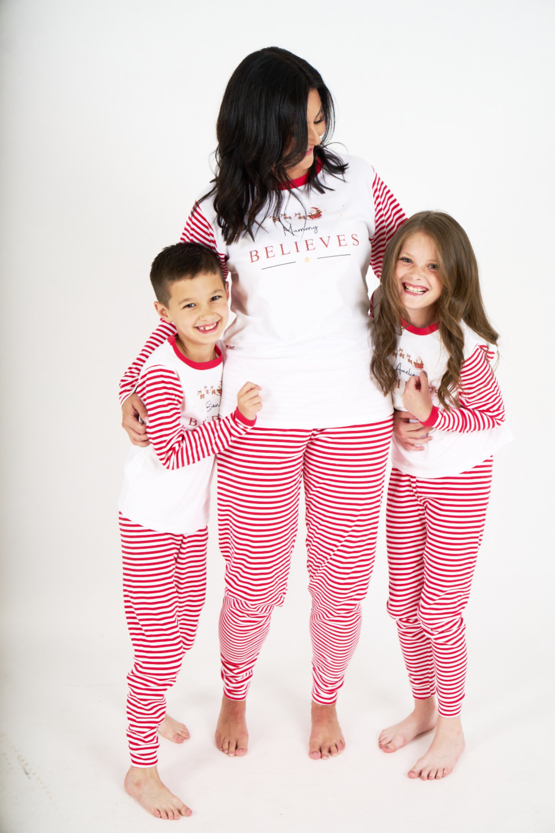 Personalised Family Matching Red & White Stripe Christmas Pyjamas - Classic Sleigh Design