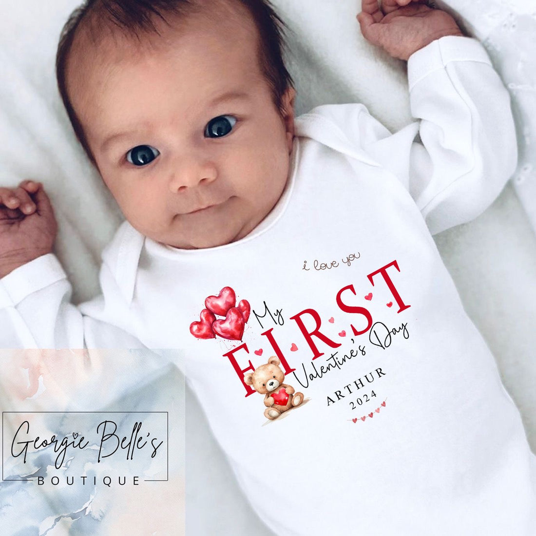 My 1st Valentines Day Vest / Babygrow - Red Bear Heart