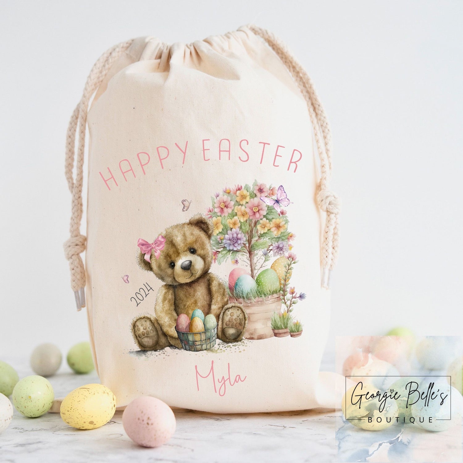 Girls Personalised Easter Treat Sack - Pink Bear Design