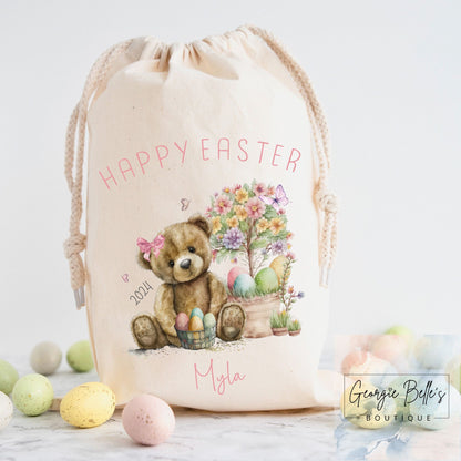 Girls Personalised Easter Treat Sack - Pink Bear Design