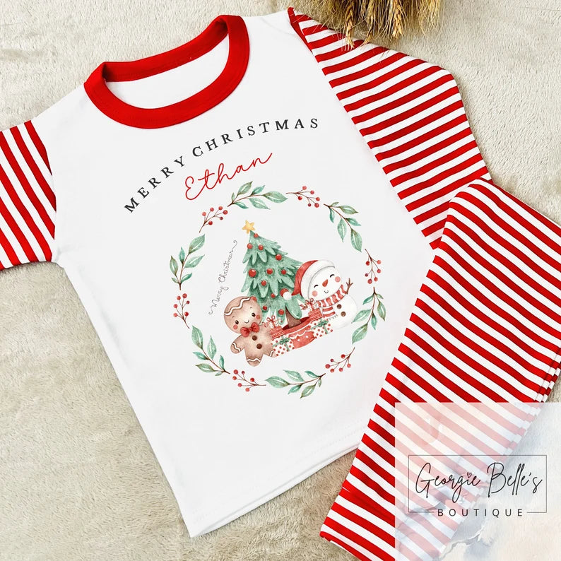 Personalised Family Matching Red & White Stripe Christmas Pyjamas - Christmas Wreath Design