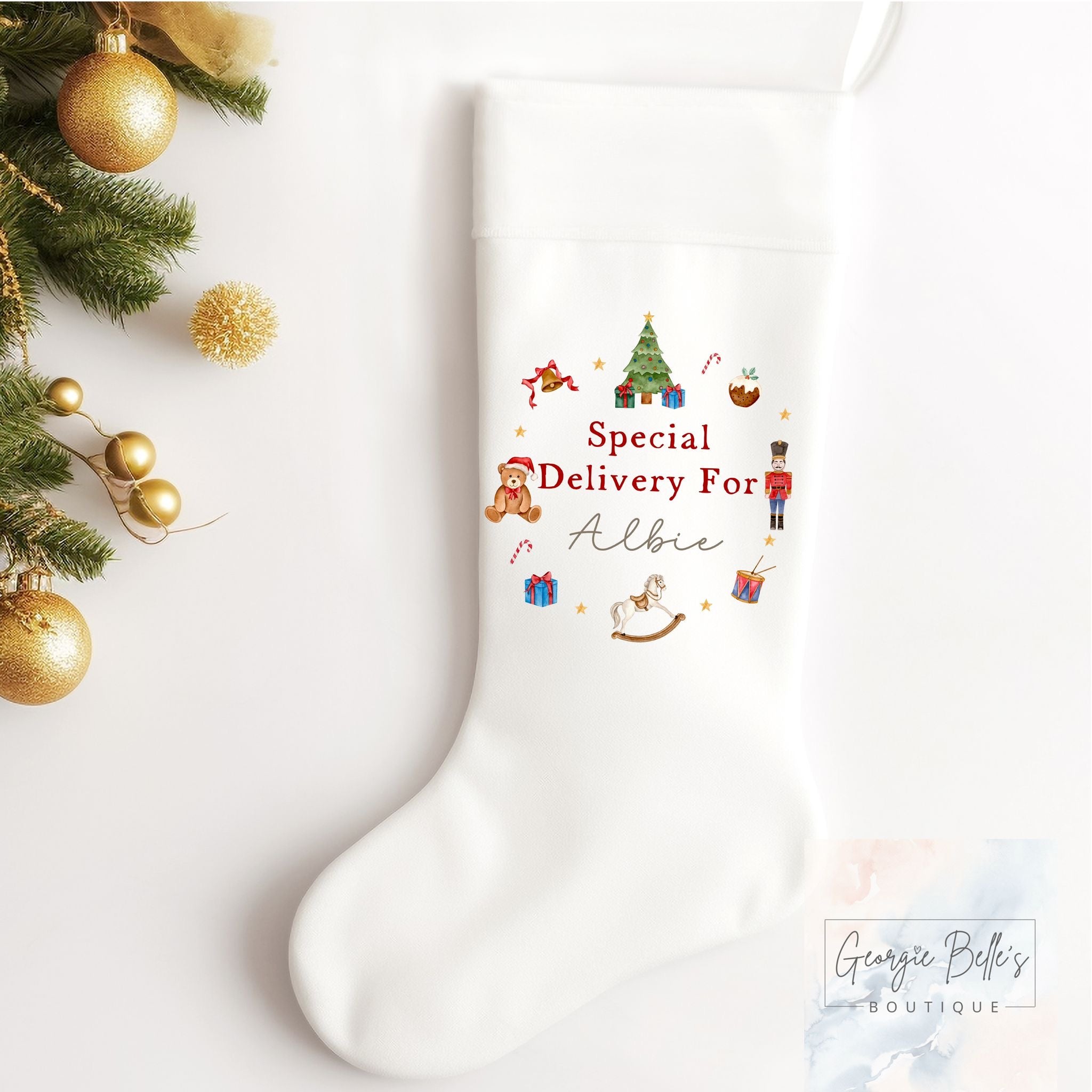 Personalised Christmas Luxury White Stocking - Special Delivery Red Wreath Design