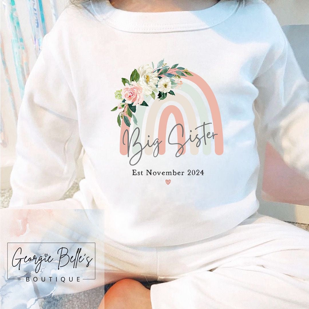 Big Sister Announcement Personalised Pyjamas - Floral Rainbow Design