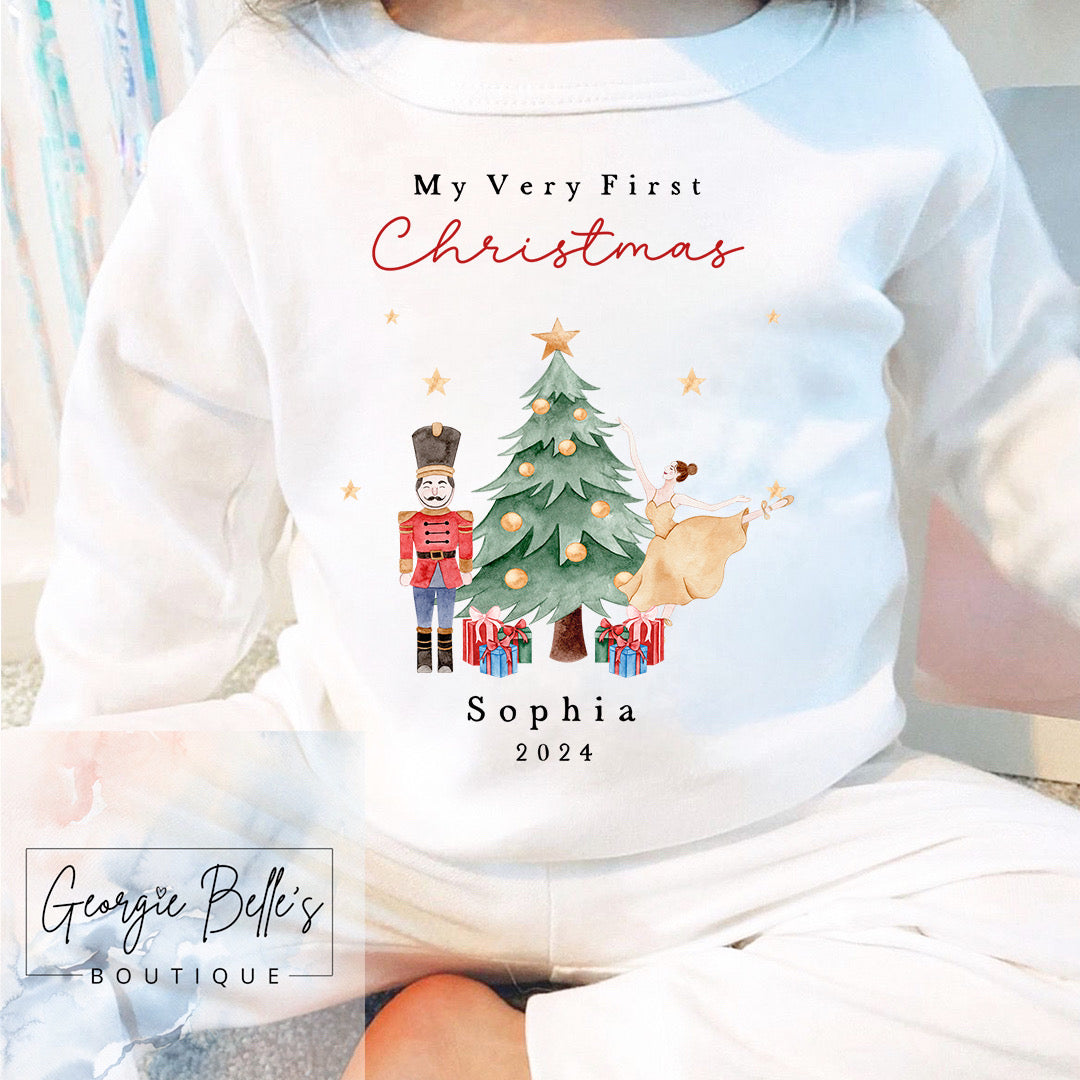 White Personalised Sibling Matching Christmas Pyjamas - 1st Christmas Red Nutcracker Design