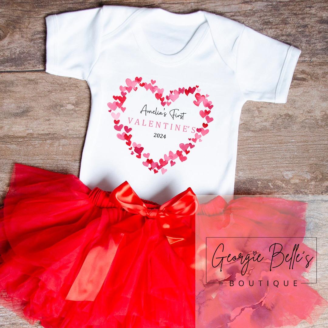 Personalised My 1st Valentines Day Vest &amp; Tutu - Heart Wreath Design