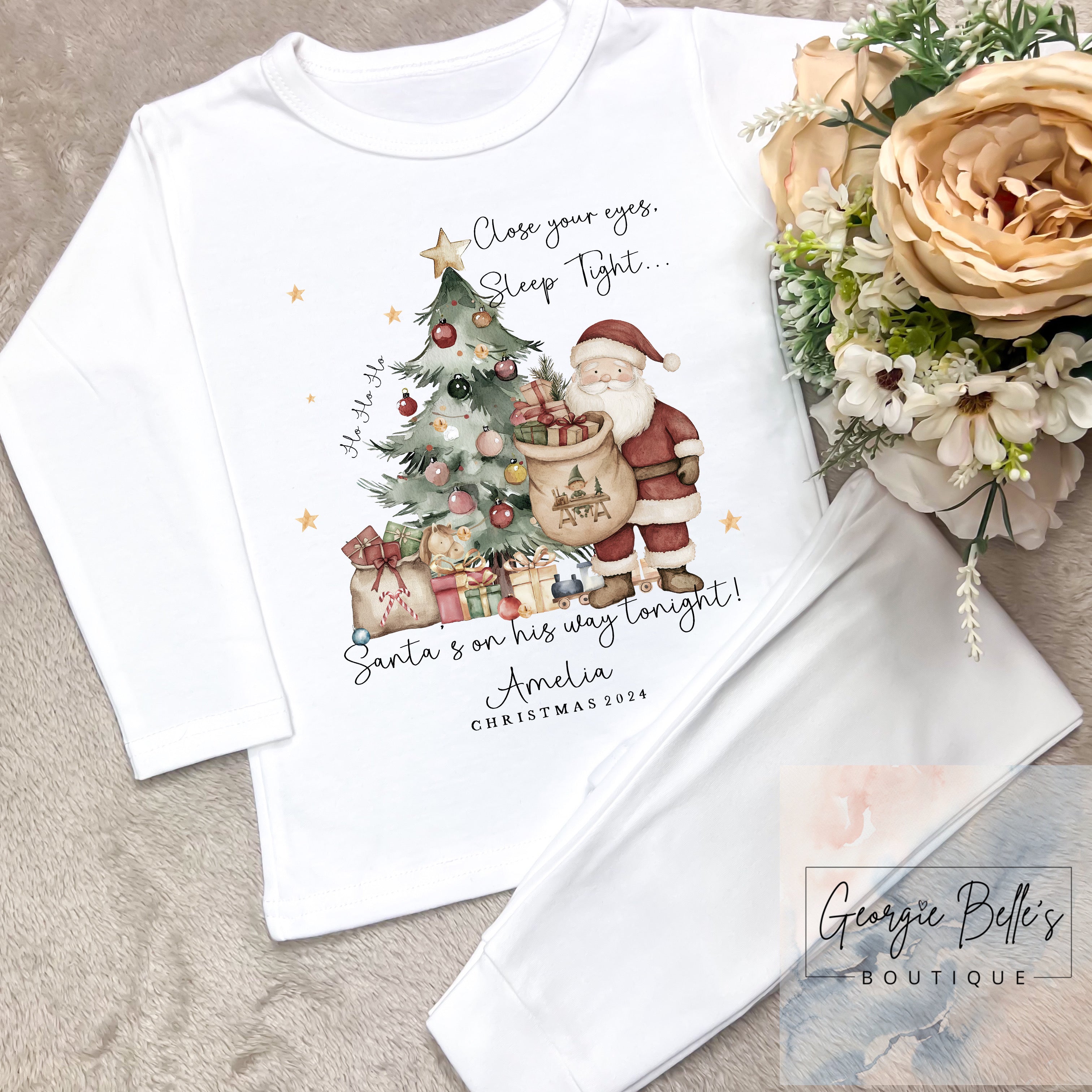 White Personalised Sibling Matching Christmas Pyjamas - Classic Santa, Close your eyes Design