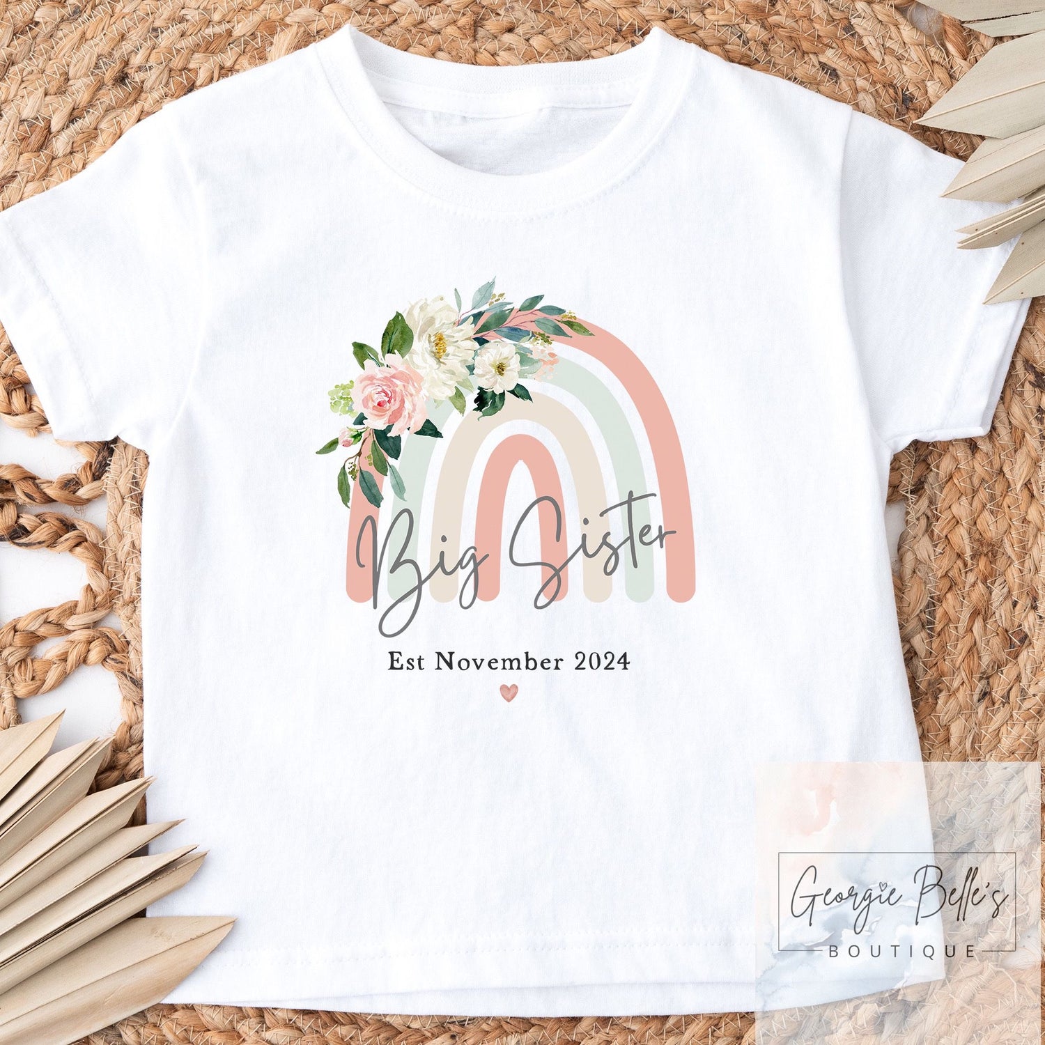 Big Sister Announcement T-Shirt - Floral Rainbow Design