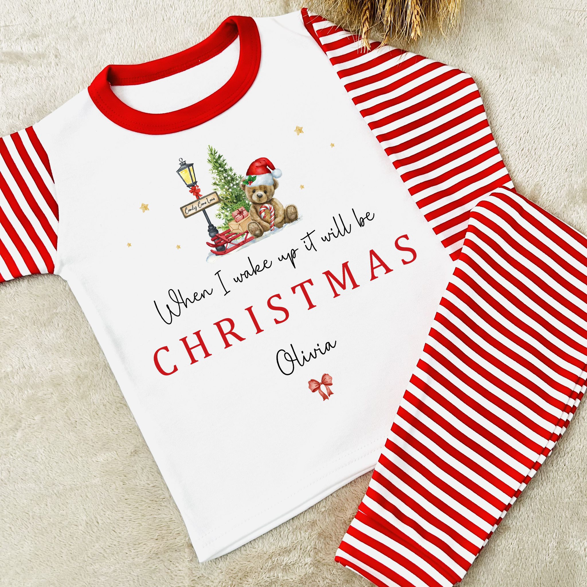 Personalised Family Matching Red & White Stripe Christmas Pyjamas - 'When I wake up' Bear Design