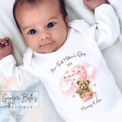 Mothers Day Personalised Vest / Babygrow - Pink Hot Air Balloon Design