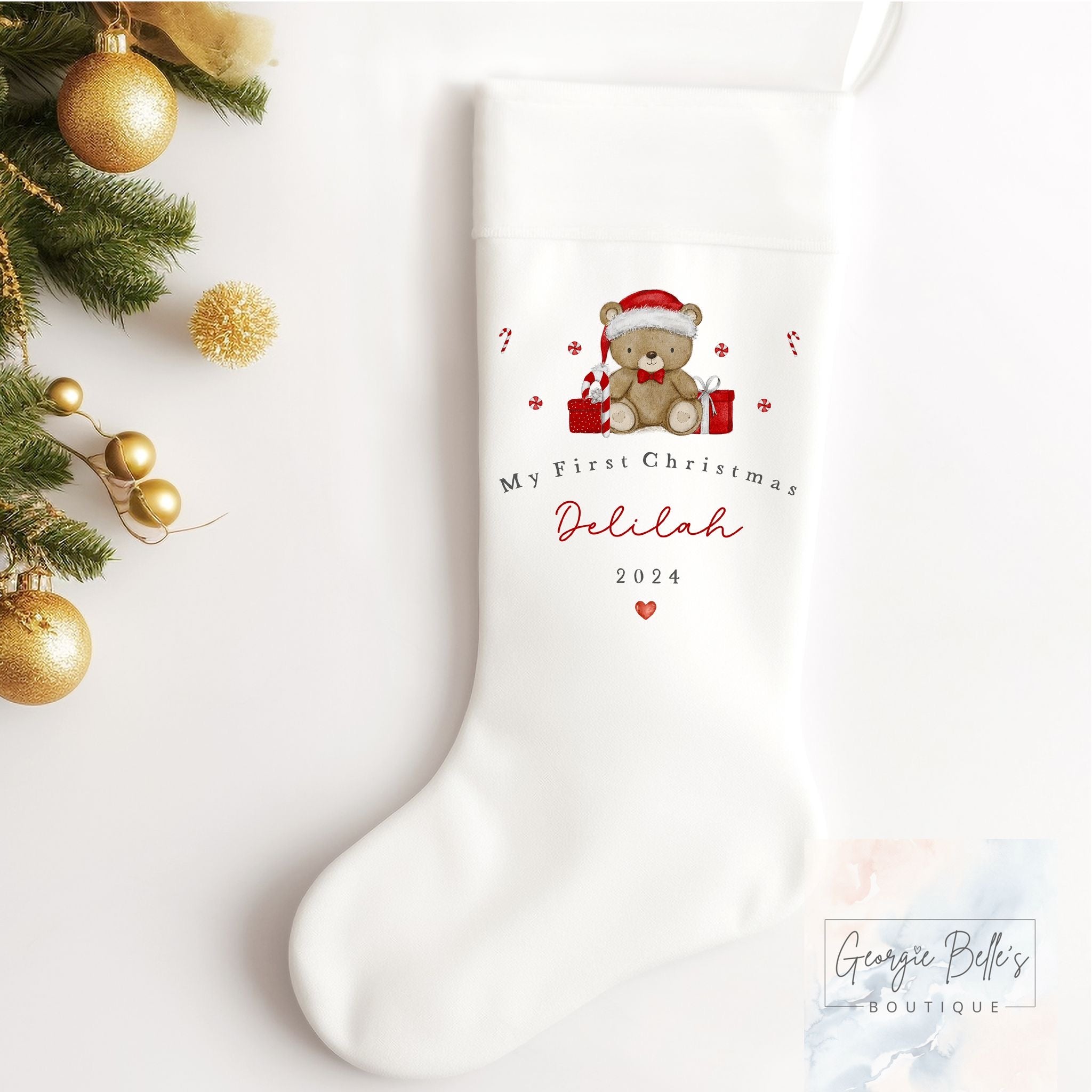 Personalised Christmas Luxury White Stocking - My 1st Christmas Present Bear Design