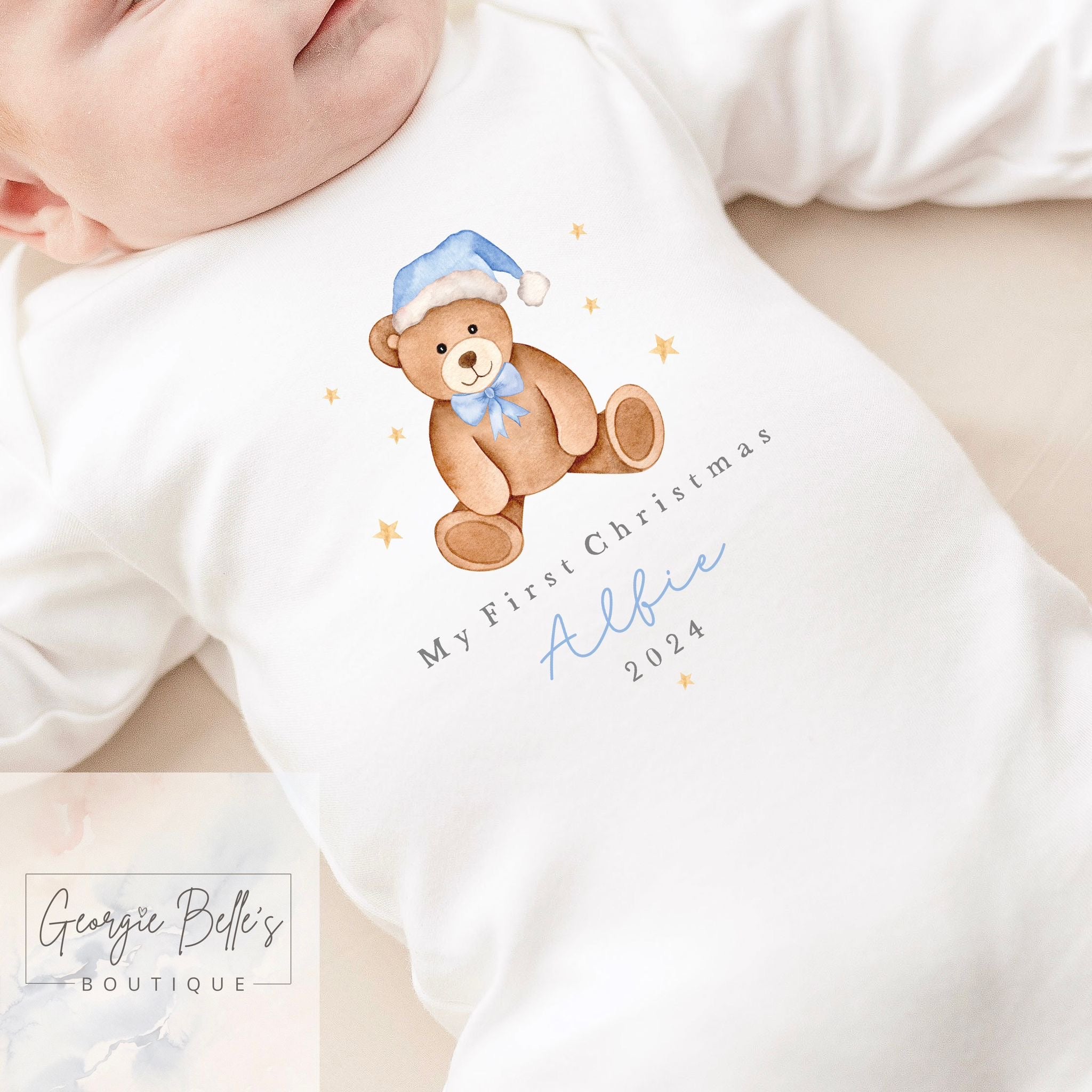 My 1st Christmas Personalised Baby Vest / Babygrow - Georgie Belle’s Bear Blue Design