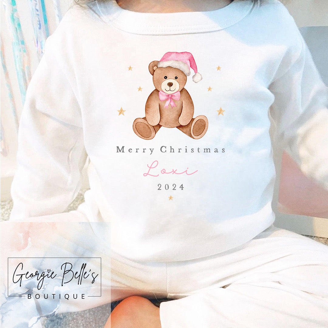 White Personalised Sibling Matching Christmas Pyjamas - Pink Bear Design