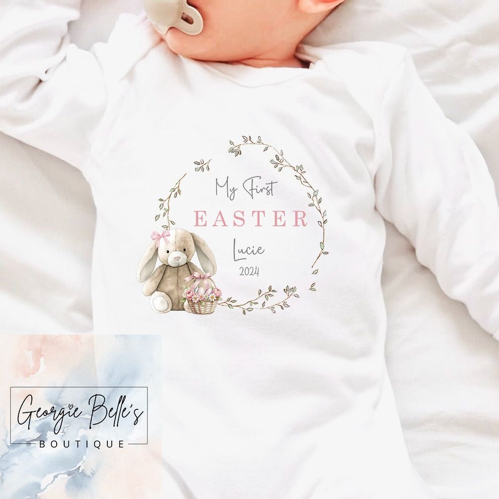 My 1st Easter Personalised Vest / Babygrow - Pink Bunny Wreath Design