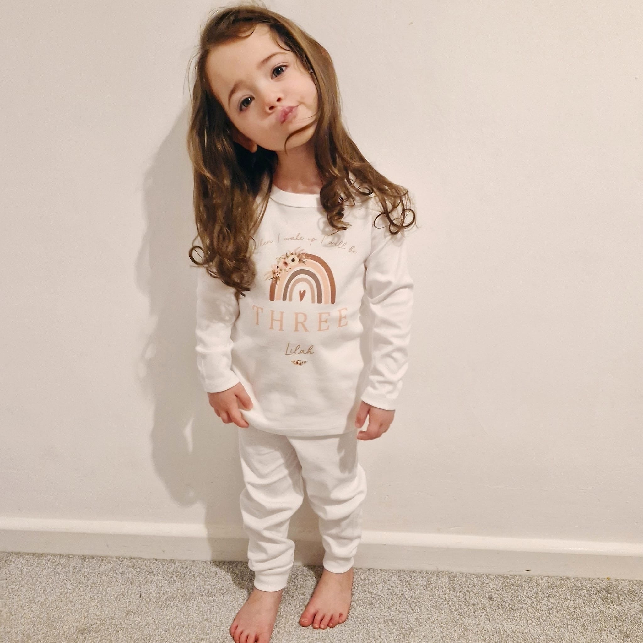 Personalised Birthday Pyjamas -  Nude Floral Rainbow Design