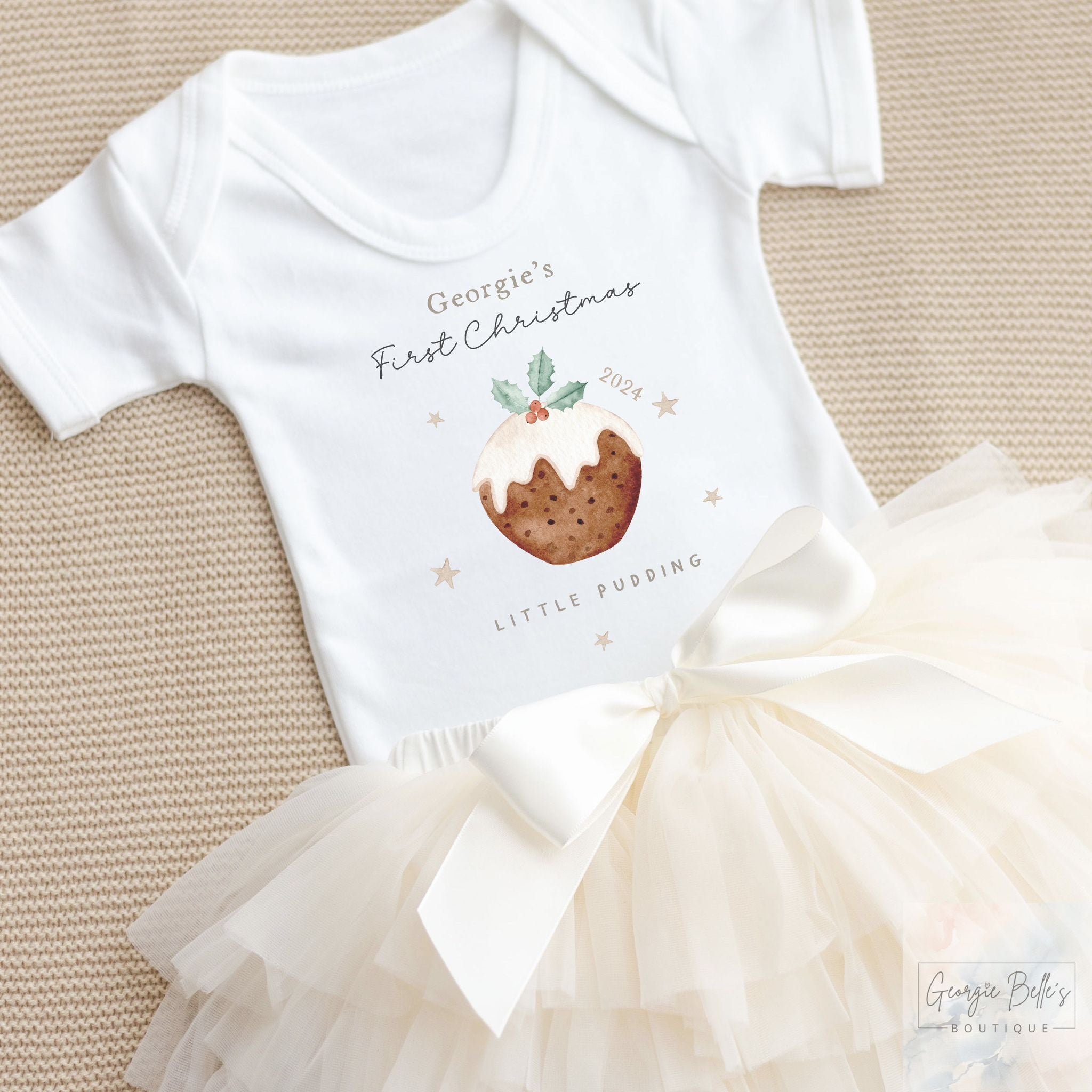 Personalised Christmas Luxury Cream Tutu Set with Vest - Christmas Pudding Design