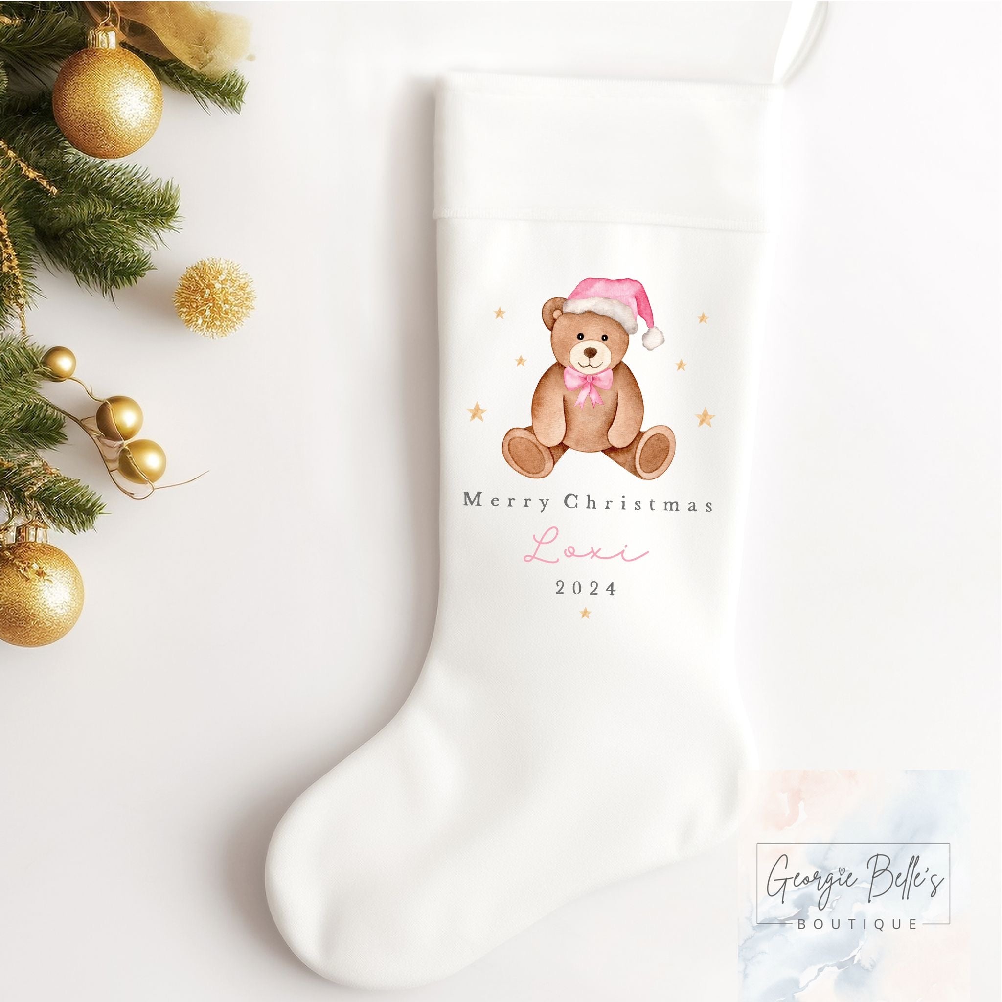 Personalised Christmas Luxury White Stocking - Merry Christmas Pink Bear Design