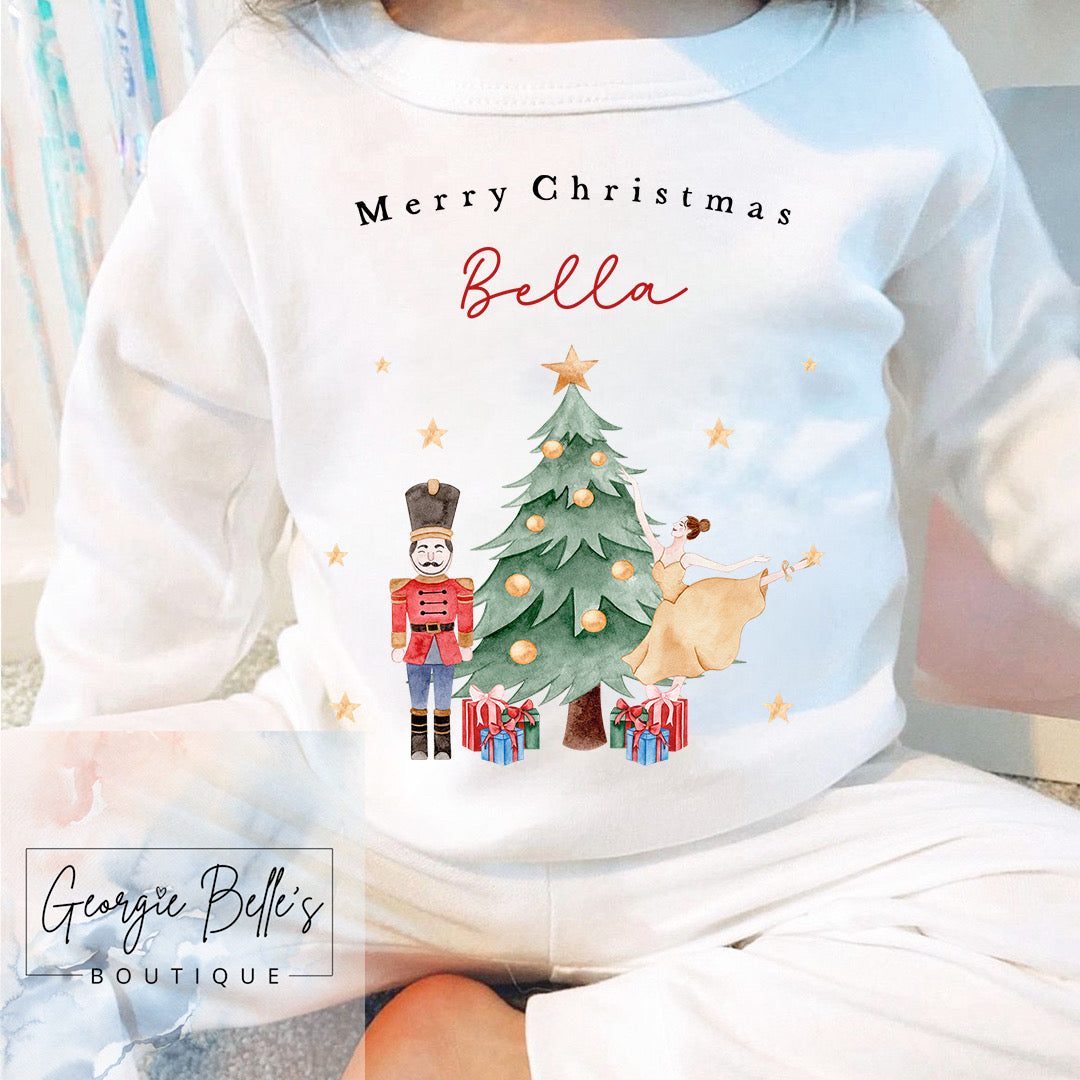 White Personalised Sibling Matching Christmas Pyjamas - Red Nutcracker Design