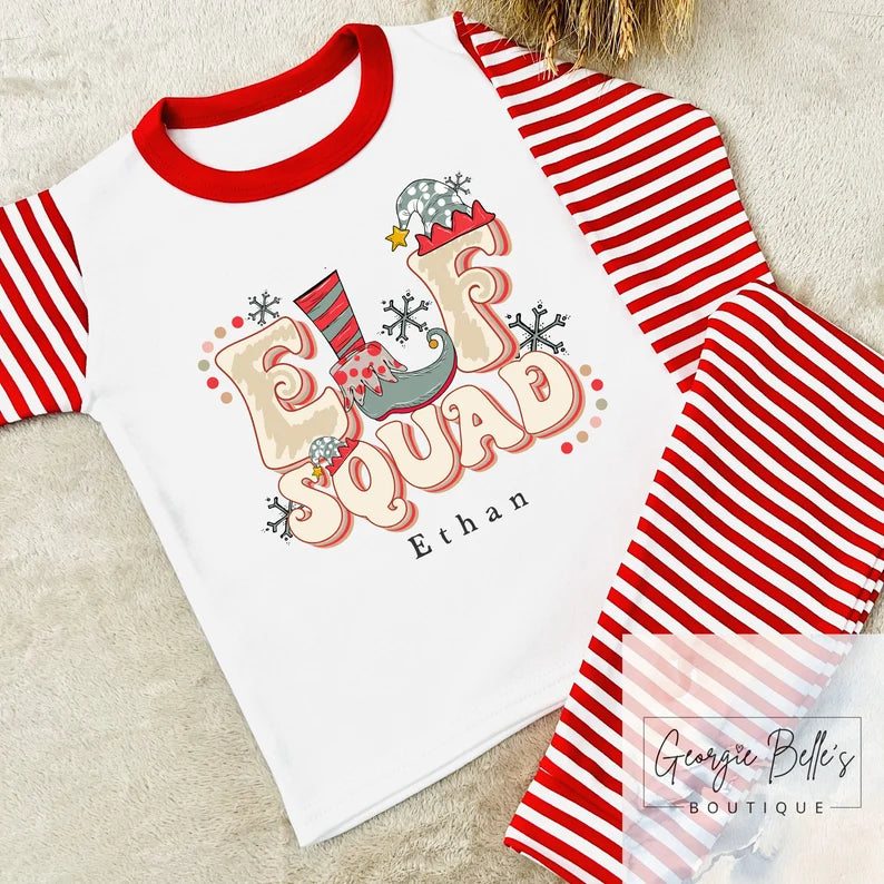 Personalised Family Matching Red & White Stripe Christmas Pyjamas - Elf Squad Design