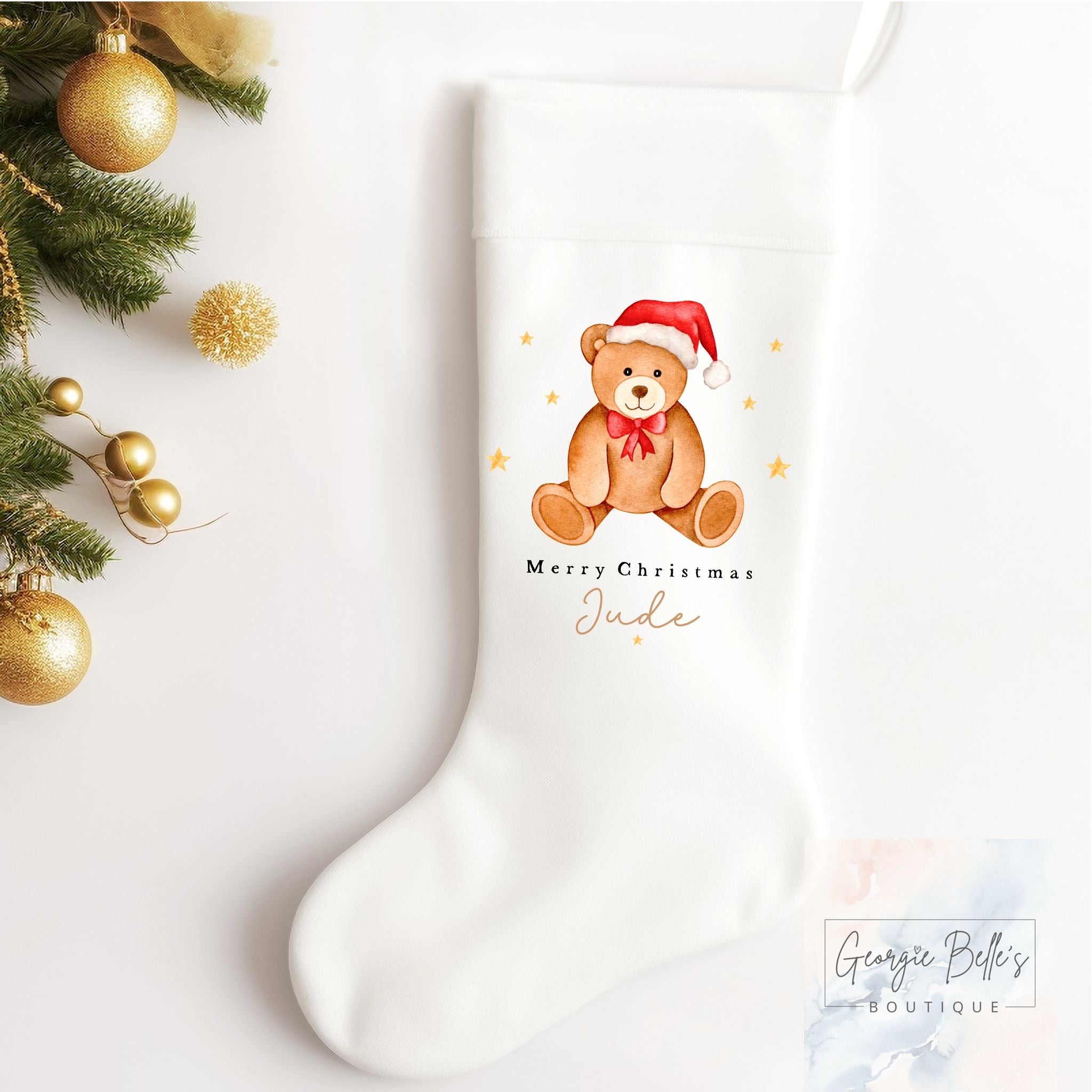 Personalised Christmas Luxury White Stocking - Merry Christmas Red Bear Design