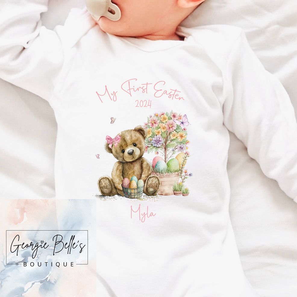 My 1st Easter Personalised Vest / Babygrow - Pink Bear Design