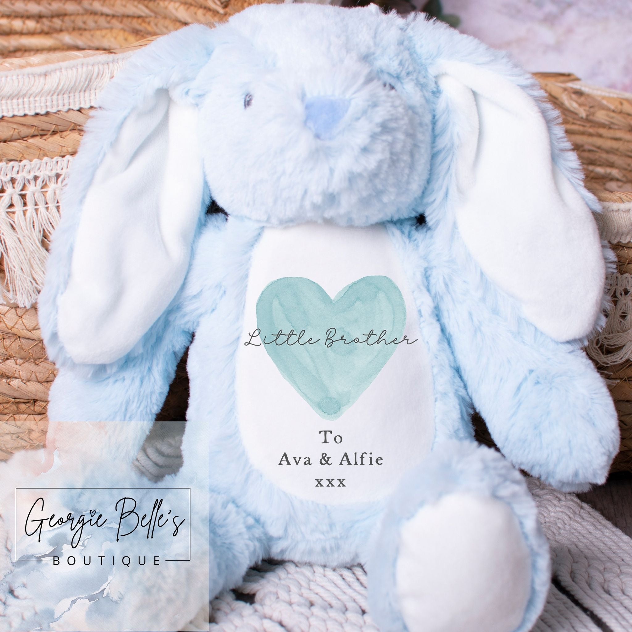 Personalised Sibling Announcement Blue Bunny Soft Toy