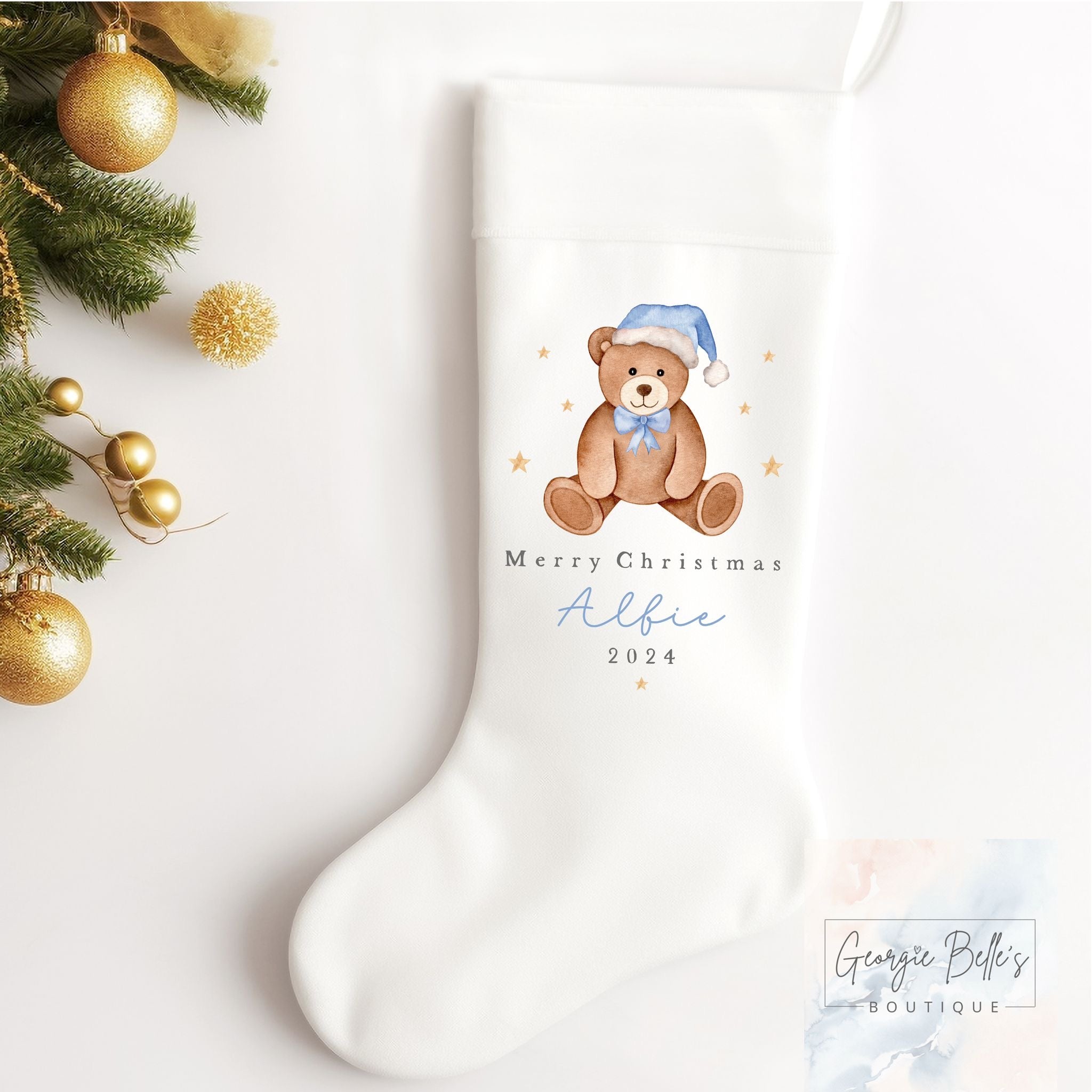 Personalised Christmas Luxury White Stocking - Merry Christmas Blue Bear Design