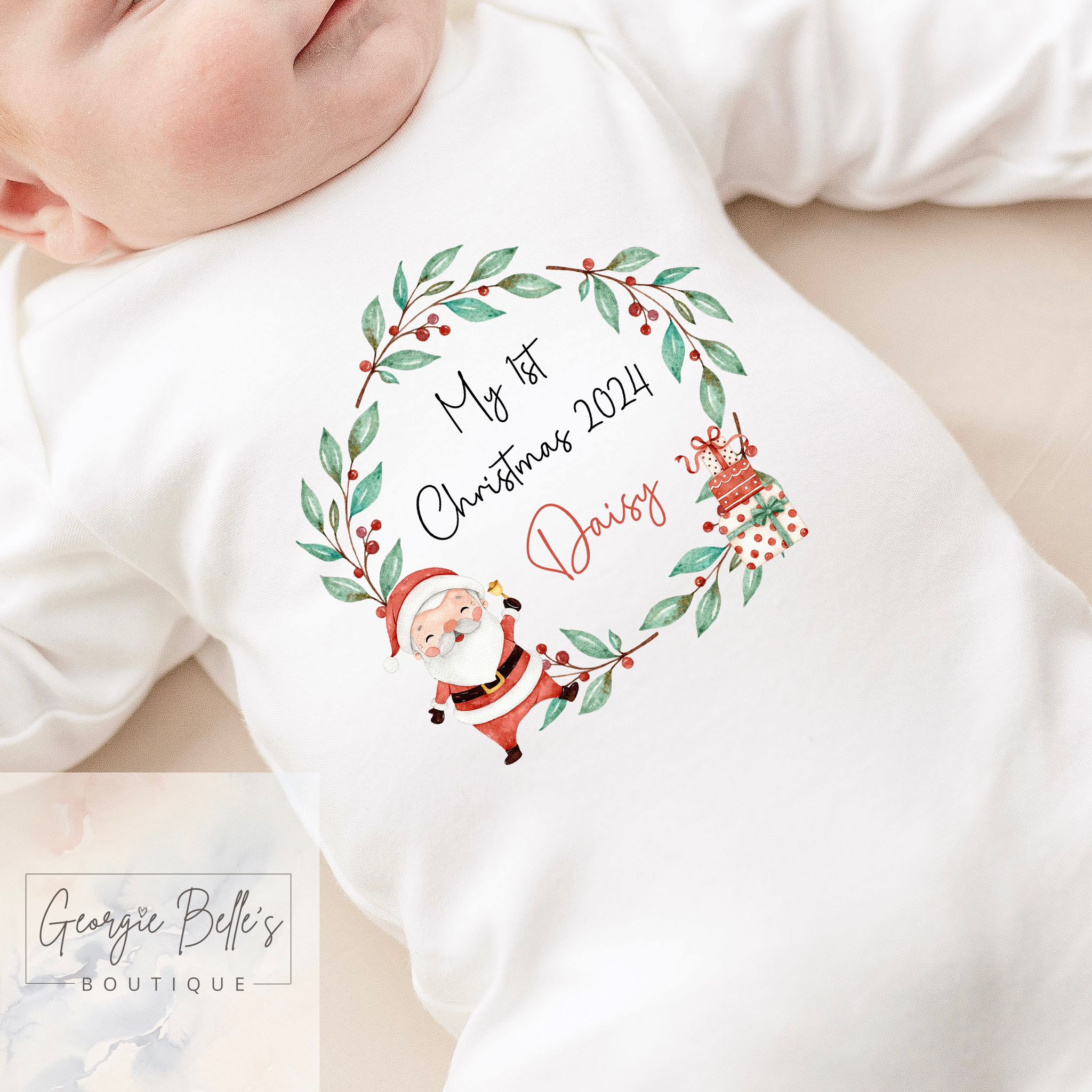 My 1st Christmas Personalised Baby Vest / Babygrow - Red Santa Design