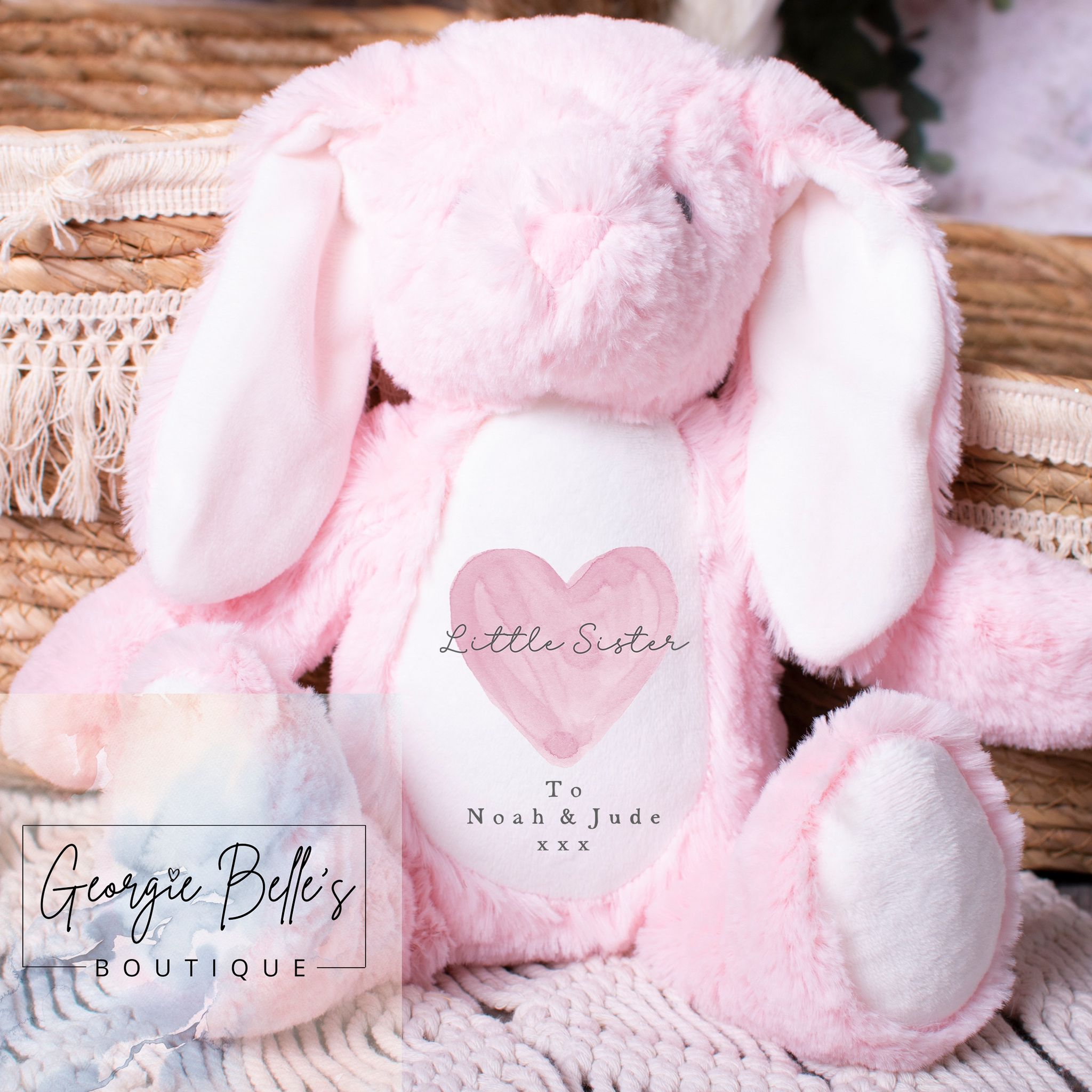 Personalised Sibling Announcement Pink Bunny Soft Toy