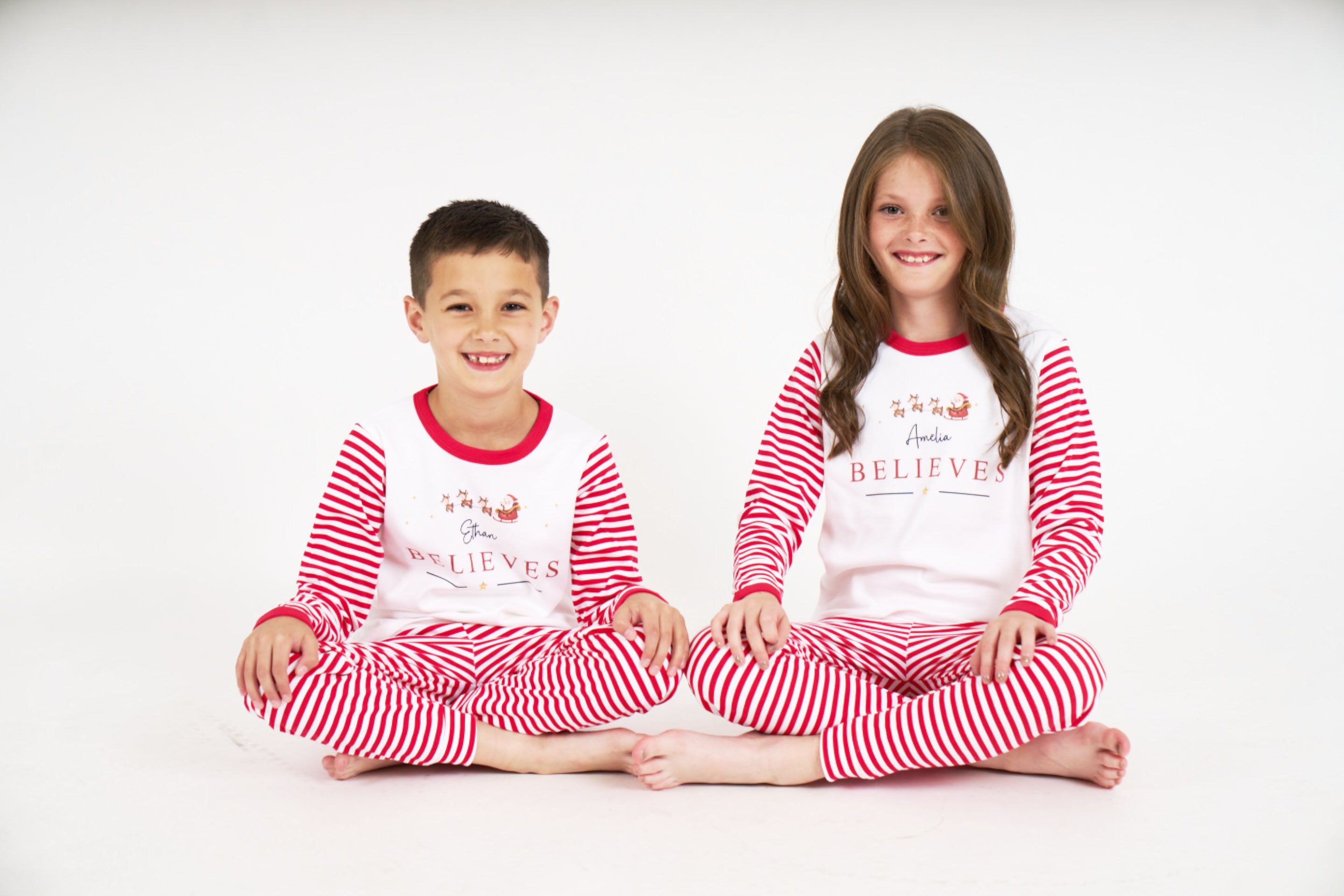 Personalised Family Matching Red & White Stripe Christmas Pyjamas - Classic Sleigh Design