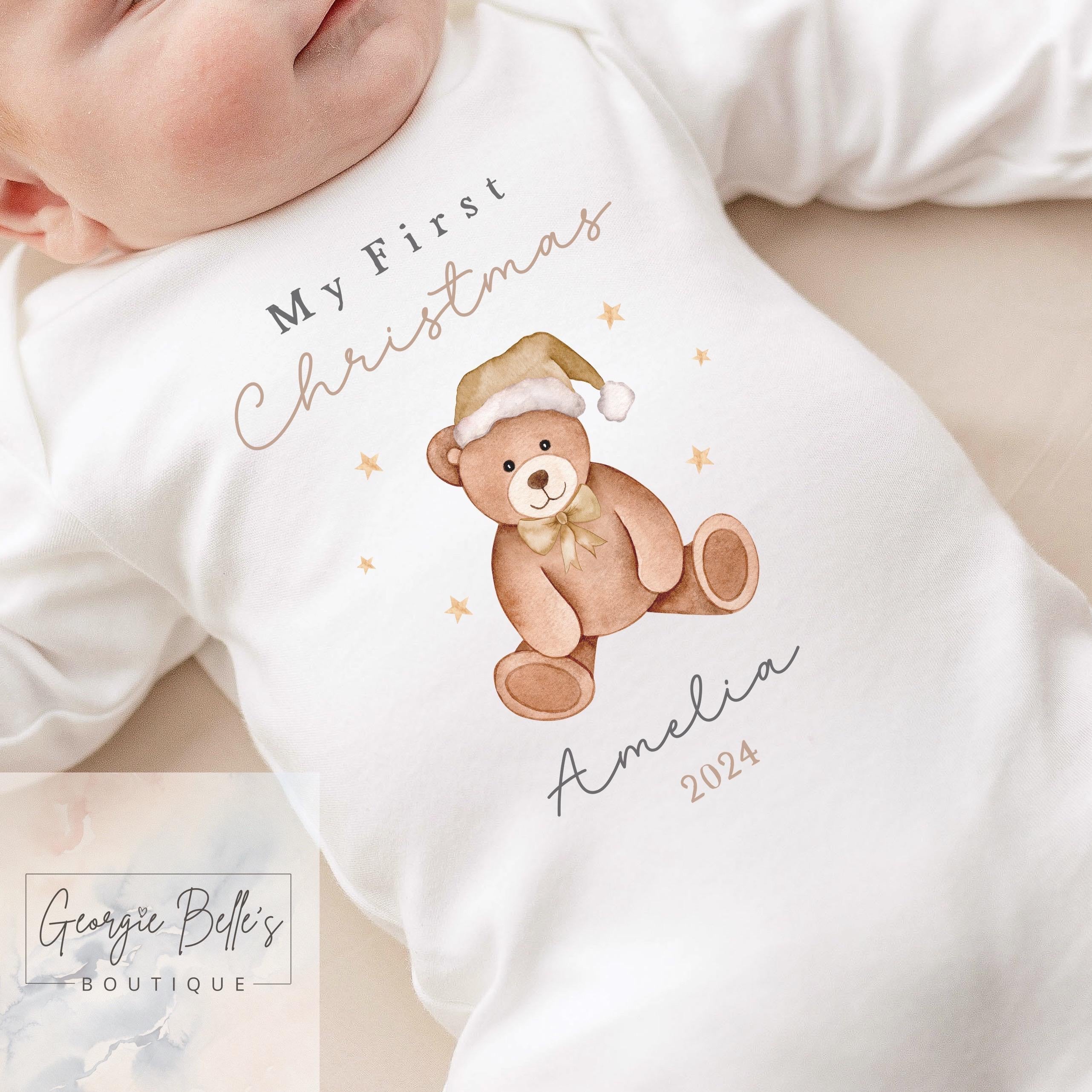 My 1st Christmas Personalised Baby Vest / Babygrow - Georgie Belle’s Bear Gold Design