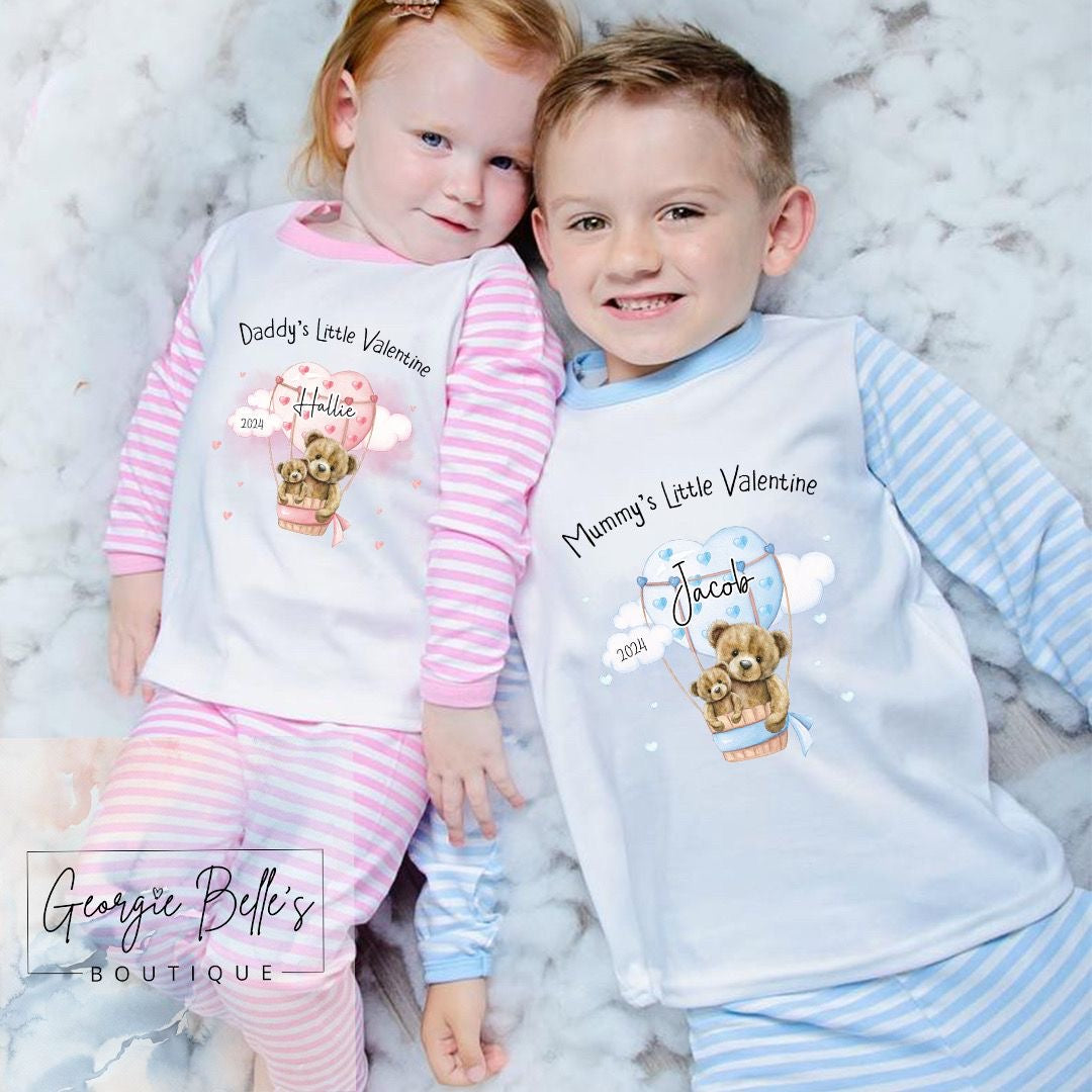 Daddy’s Little Valentine - Valentines Day Sibling Matching Pyjamas - Pink Hot Air Balloon